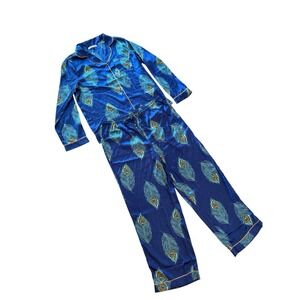 Their Nibs Stag PJ, Blue Peacock Feather Satin Long Sleeve & Pants Size: XL